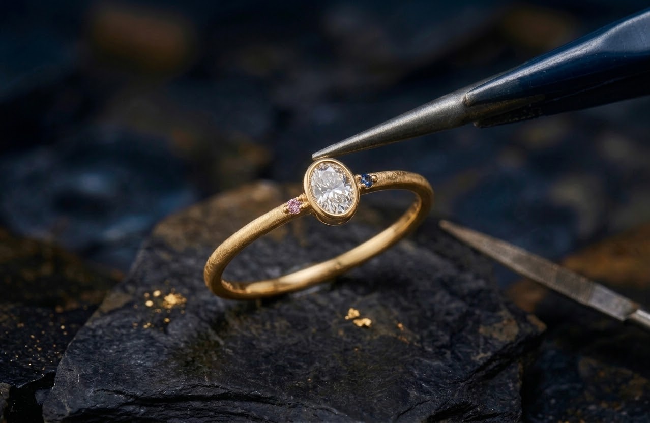 A 21K gold ring held with precision tweezers while it is hand-finished